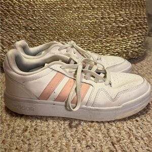 Adidas White Sneakers with Soft Pink Stripes